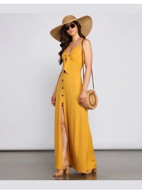 Mustard Tie-Front Spaghetti Strap Maxi Dress